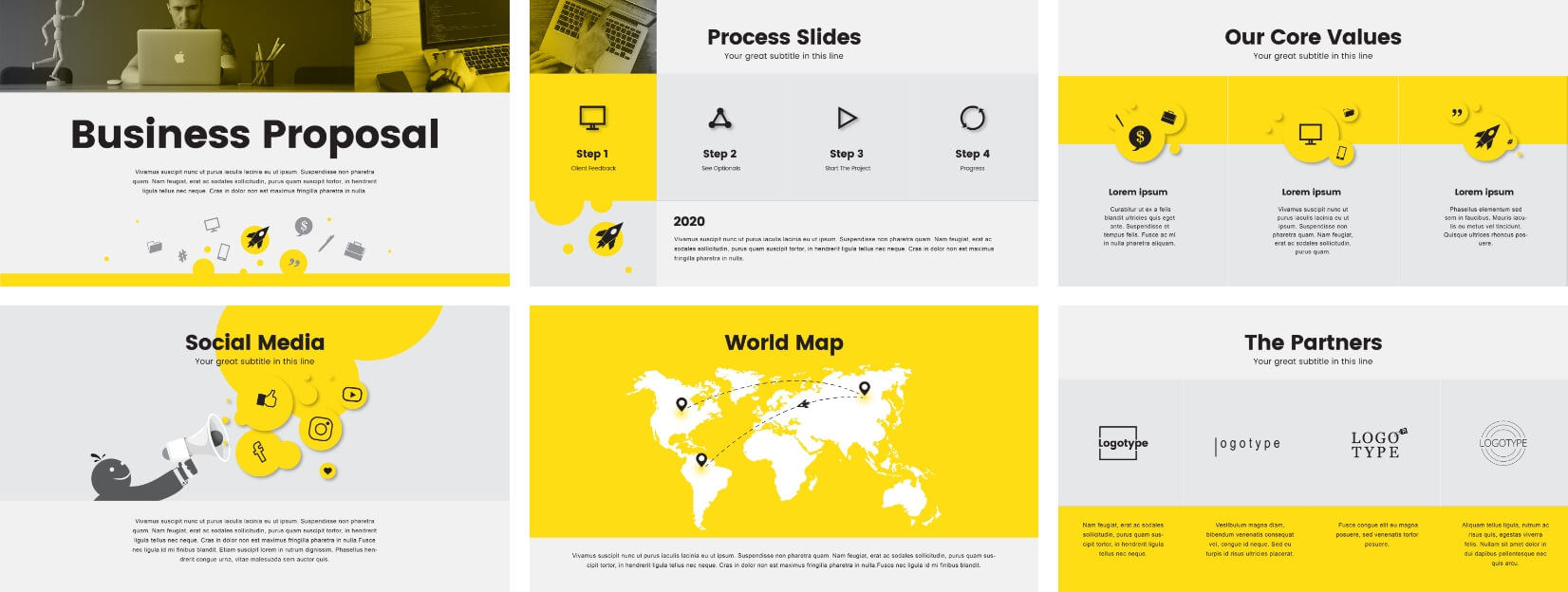 6 Black and yellow themed presentation slides