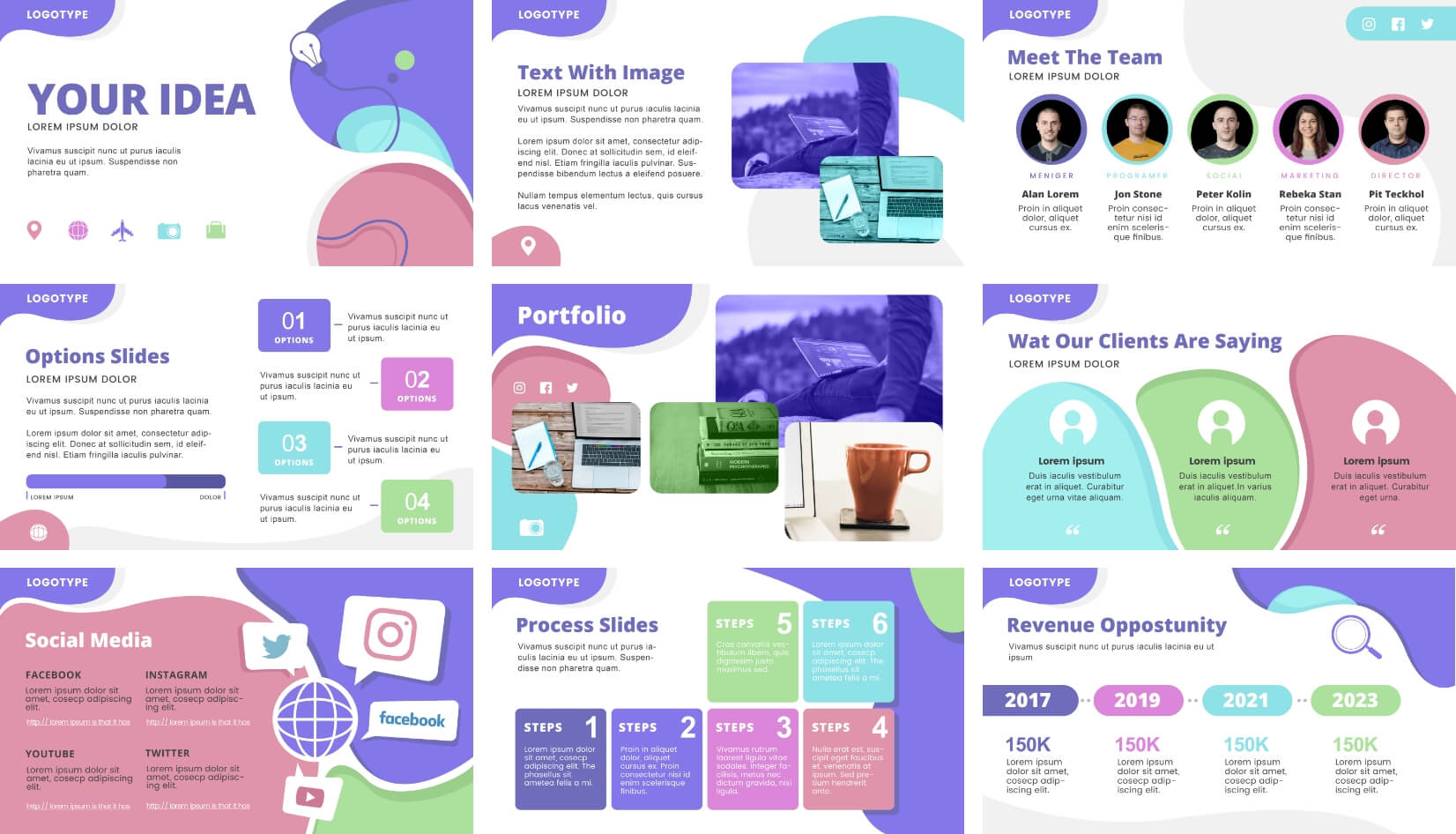 9 presentation slides with modern pastel colors