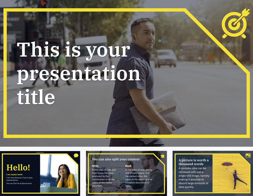 Free formal Powerpoint template or Google Slides theme with yellow frame