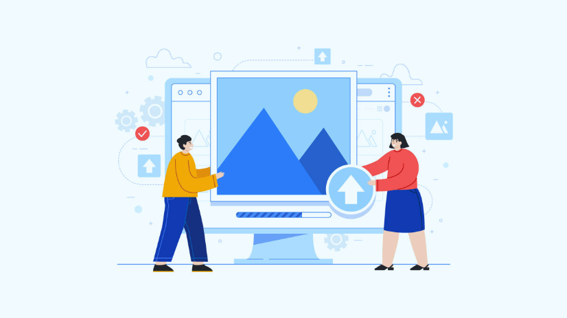 Illustration wo people holding and image in front ot computer - illustrating optimizing images for SEO
