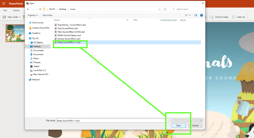 How to Add Audio in PowerPoint from PC: This screenshot shows a dialogue window with audio files, highlighting a particular audio file and the Open button.