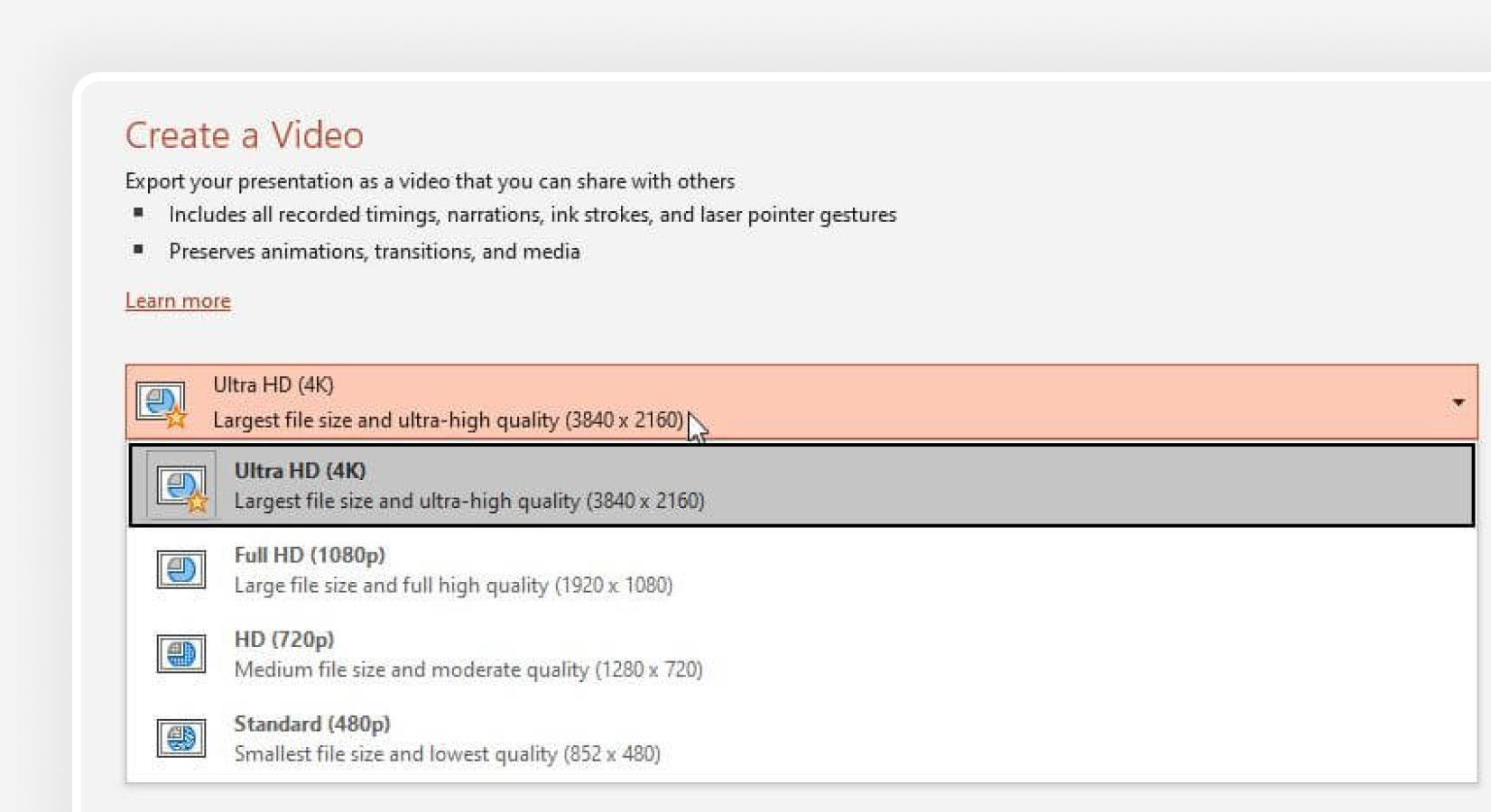 Exporting from PowerPoint file size options