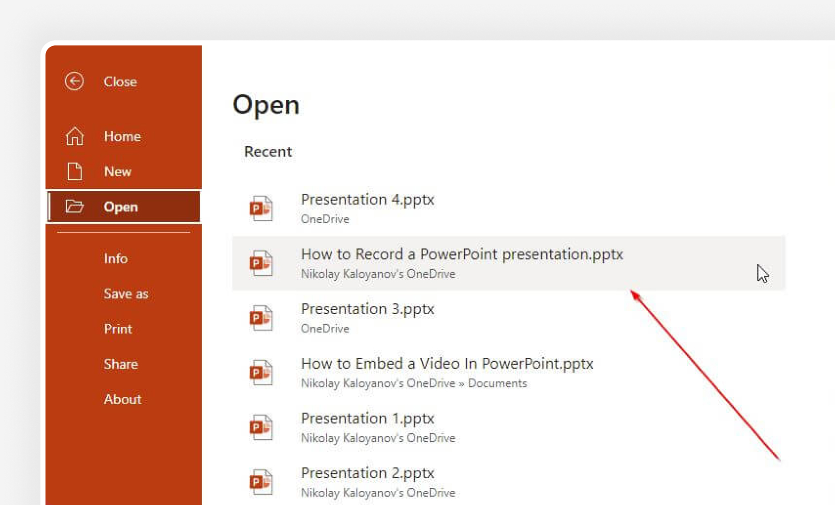 Opening a PowerPoint presentation from OneDrive