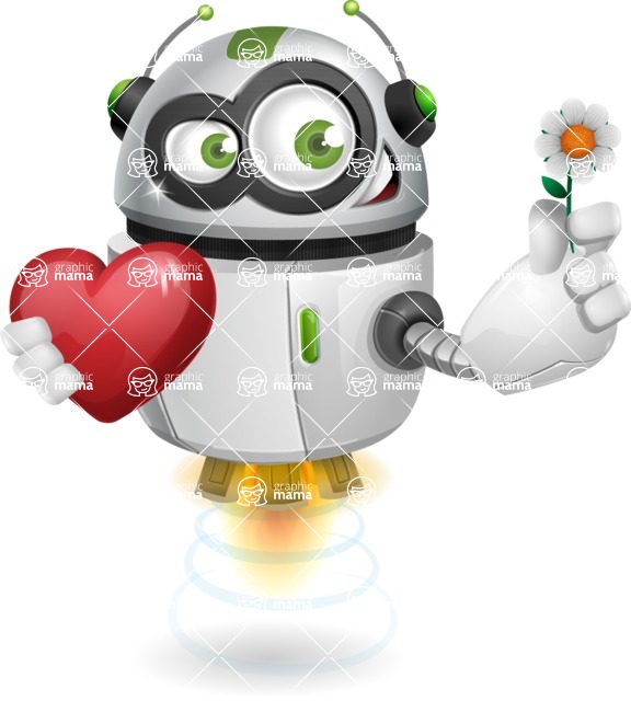 Flying robot cartoon character - 112 stock vector images - Romantic flying robot cartoon character holding heard - stock vector graphic image