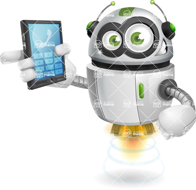 Flying robot cartoon character - 112 stock vector images - Flying robot cartoon character with a smartphone - stock vector graphic image