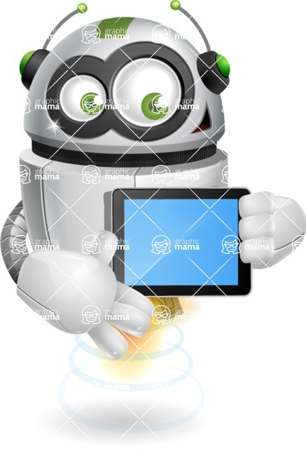 Flying robot cartoon character - 112 stock vector images - Flying robot cartoon character holding iPad - stock vector graphic image