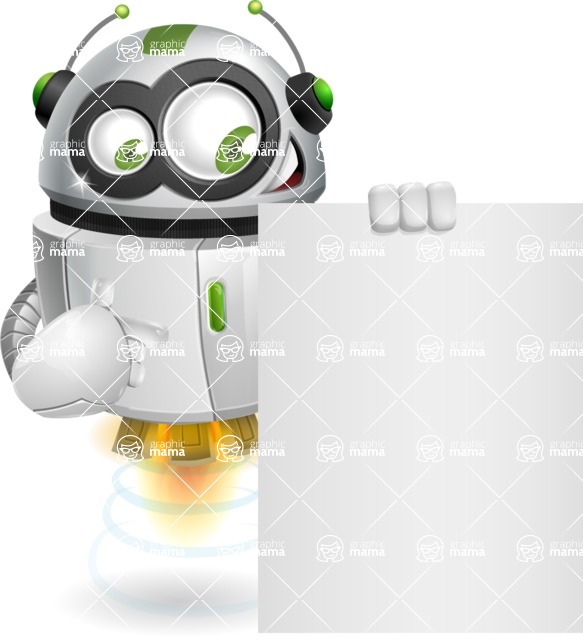 Flying robot cartoon character - 112 stock vector images - Flying robot cartoon character with a big white sign - stock vector graphic image
