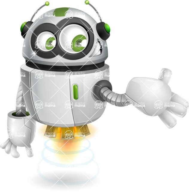 Flying robot cartoon character - 112 stock vector images - Flying robot cartoon character showing with hand - stock vector graphic image