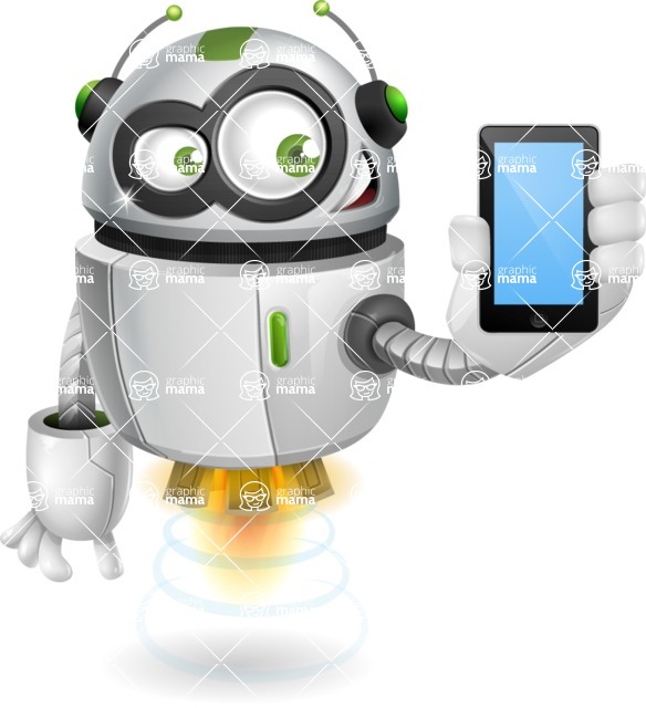 Flying robot cartoon character - 112 stock vector images - Flying robot cartoon character showing a smartphone - stock vector graphic image
