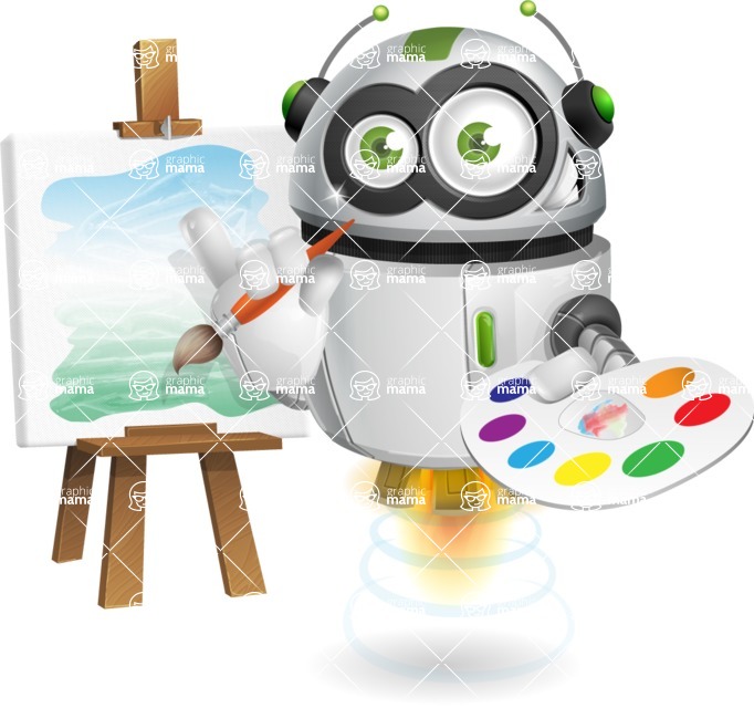 Flying robot cartoon character - 112 stock vector images - Artistic flying robot cartoon character painting - stock vector graphic image