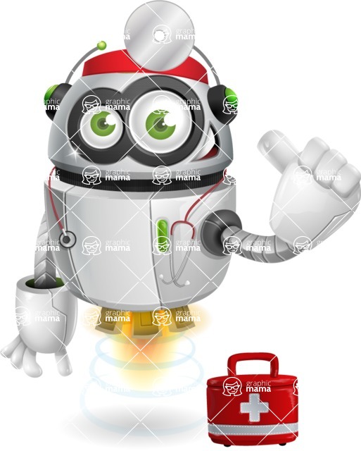 Flying robot cartoon character - 112 stock vector images - Medical flying robot cartoon character as a doctor - stock vector graphic image