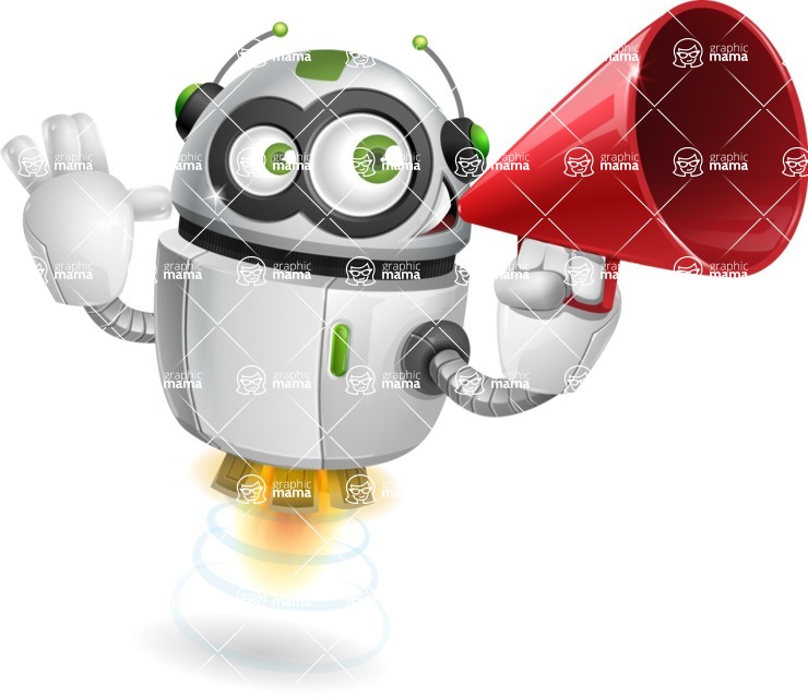 Flying robot cartoon character - 112 stock vector images - Flying robot cartoon character with a loudspeaker - stock vector graphic image