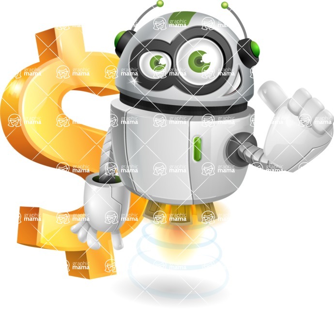 Flying robot cartoon character - 112 stock vector images - Flying robot cartoon character with a dollar sign - stock vector graphic image