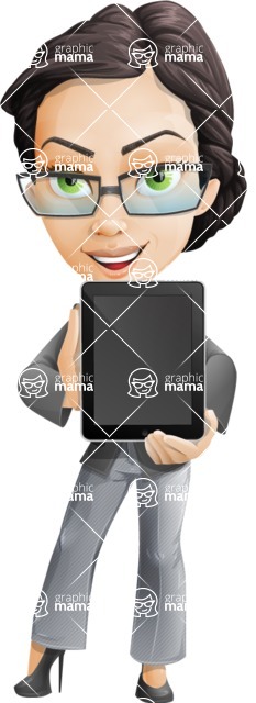 Vector Stylish Office Woman Cartoon Character - Formally dressed female cartoon character ipad tablet presenting
